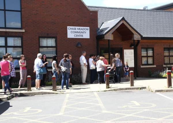 The queue outside Chase Meadow community centre before the Mum2mum market in July.