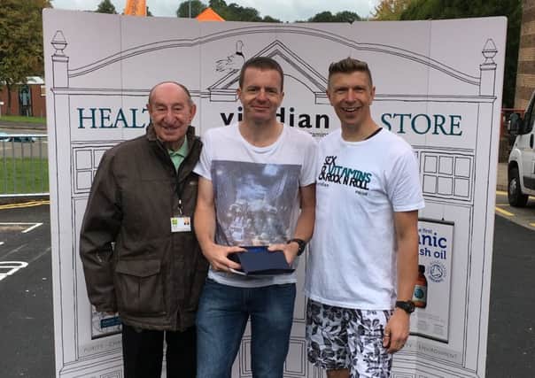 Winner Dave Lane with Daventry Cllr Alan Hills (Community Culture & Leisure Portfolio) and  Tom Welch, Marketing Manager, Viridian Nutrition  event sponsor and competitor;