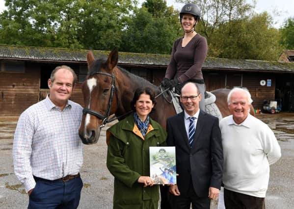 RDA chief executive Ed Bracher (left) with RDA chairman Sam Orde, Blythe Liggins solicitor Kevin Mitchell, Patrick Riley, who chairs the Project committee for the new national training centre, and yard manager Charlotte Williams on horse Rover.