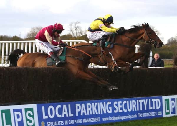 Ozzie The Oscar, nearside, joins long-time leader Shantou Rock at the final fence in the Integral Novices Chase. Picture: dwprattracingphotography.co.uk